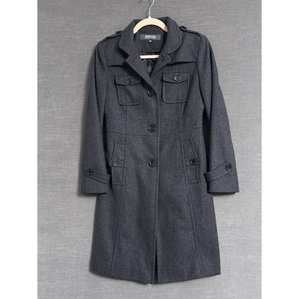 Kenneth Cole Coat‎ 6P Petite Gray Wool Blend Trench Military Classic Warm Winter
